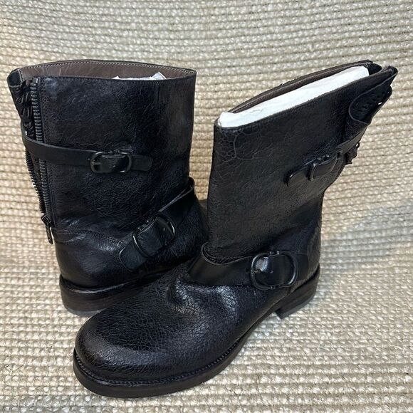 NWT I.N.K. Moto distressed crackle effect buckle leather boots Italy sz 37 - Picture 3 of 14